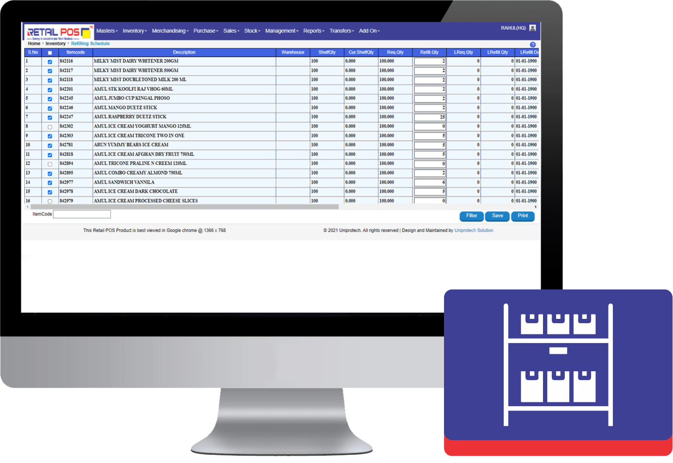 Shelf Refilling Screen of Retail POS's Hypermarket Billing Software
